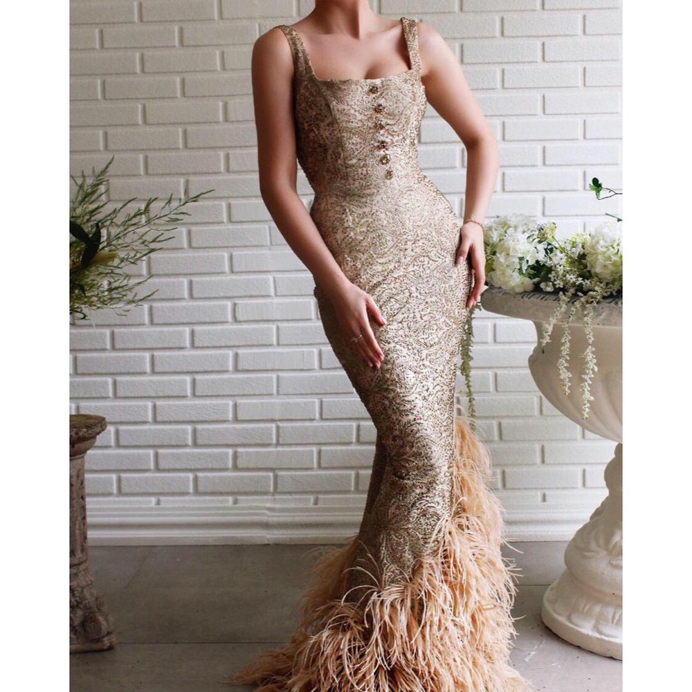 Brand New Teuta Matoshi Bora Feathers Gown Gold